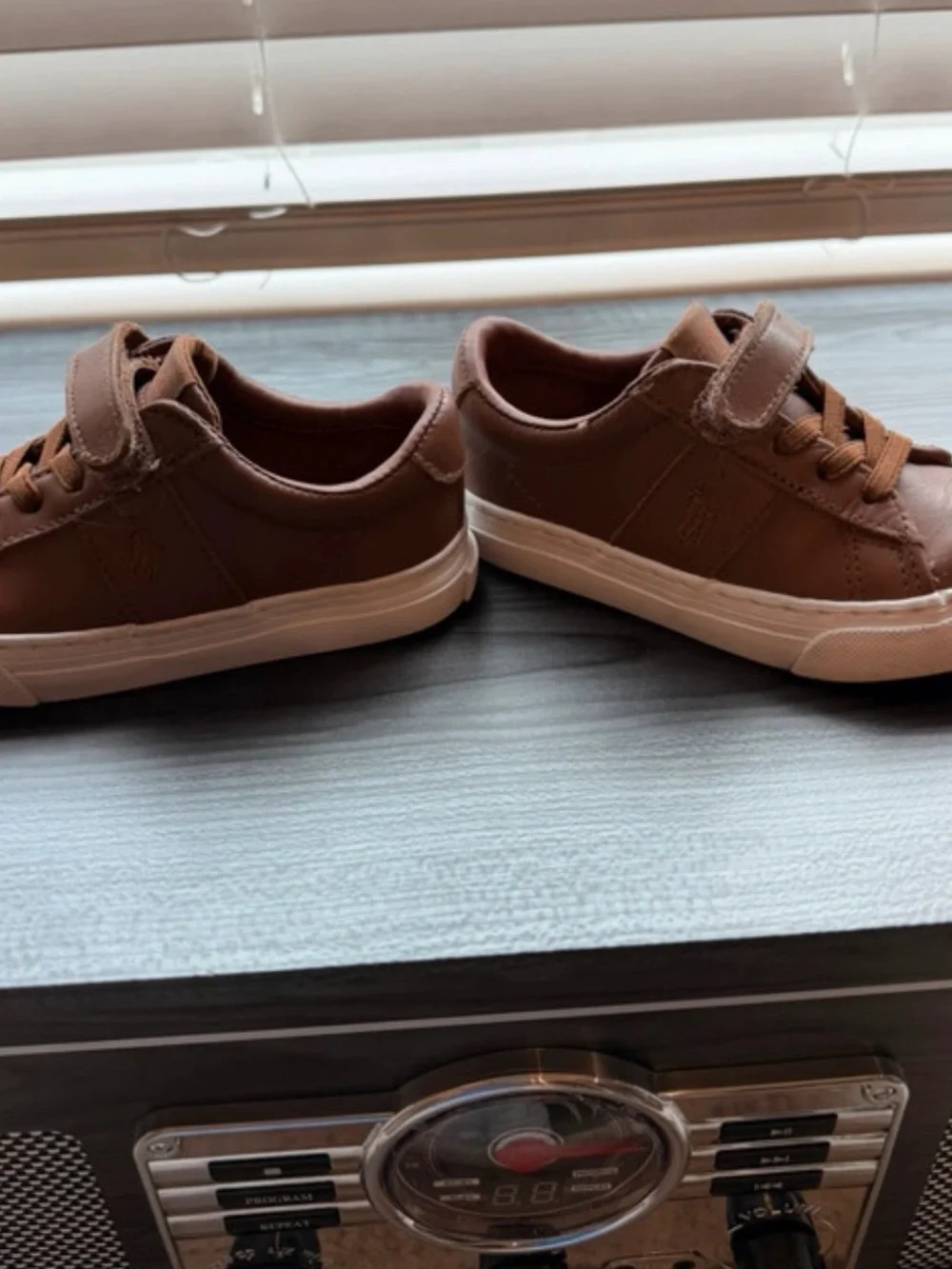 Polo by Ralph Lauren Brown Leather-Look Kids Sneakers with White Sole